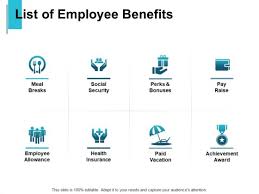 Employees who work a minimum of 75% time in one or more regular positions are eligible for all health and welfare benefits listed below.; List Of Employee Benefits Health Insurance Ppt Powerpoint Presentation Icon Aids Powerpoint Templates