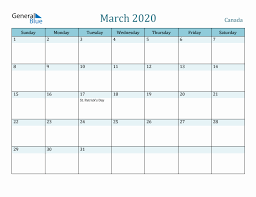canada holiday calendar for march 2020