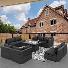nicesoul gray 9 piece wicker patio conversation set deep sectional seating set with charcoal cushions and fire pit table