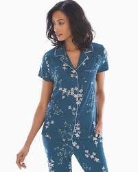 Short Sleeve Notch Collar Pajama Top Alluring Floral Blue