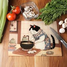 Ukiyo E Cat Cooking Glass Cutting Board