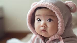 chinese baby in a bear hoo looking