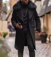 Men S Designer Wool Shearling Trench Coat With Faux Fur Collar