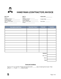 Free Handyman Contractor Invoice Template Word Pdf Commercial Handyman