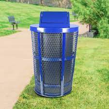 Trash Can Expanded Metal Outdoor Commercial Waste Receptacle W Swing Top Lid 48 Gallon Capacity Heavy Duty Steel Blue Recycle Away