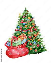 Stockillustratie Новогодняя елка с подарками. Акварельная иллюстрация, открытка на Новый год,рождество | Adobe Stock