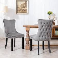 Gray Velvet Wing Back Dining Chair With Backstitching Nailhead Trim And Solid Wood Legs Set Of 2