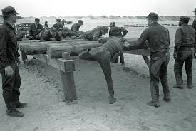 trainees crawl across log obstacles