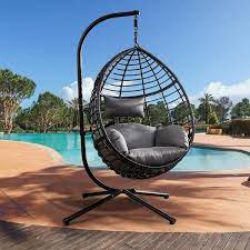 Wicker Patio Swing Egg Chair With Stand And Gray Cushion