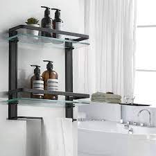 Dracelo 12 2 In W X 4 8 In D X 16 14 In H Black 2 Tier Tempered Glass Shower Shelves With Towel Bar Wall Mounted