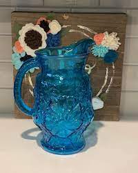 Blue Glass Daisy Water Pitcher Blue