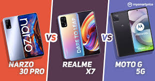 Some of the key specifications of the realme narzo 30 pro 5g are a mediatek dimensity 800u processor, triple rear camera setup, a 5,000mah battery with support for 30w fast charger and more. Realme Narzo 30 Pro Vs Realme X7 Vs Moto G 5g Price Specifications And Features Compared Mysmartprice