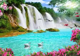 Paradise waterfalls, swans, art, paradise, waterfall, flowers, beautiful,  spring, river, lake, forest HD wallpaper | Pxfuel