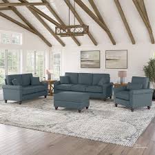 Bush Furniture Hudson 85w Sofa With Loveseat Accent Chair And Ottoman Turkish Blue Herringbone Fabric