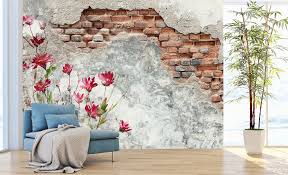 3d Old Brick Wall With Flower Painting