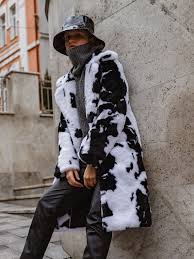 Cow Print Faux Fur Midi Coat Women