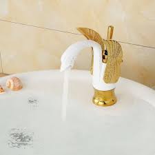 Bwe Swan Single Hole Single Handle Bathroom Faucet With Pop Up Drain And Overflow Cover In Gold And White