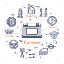 Check spelling or type a new query. Vector Linear Round Modern Concept Of Auto Part With Outline Car Battery Icon In Center On White Background Various Components And Parts Of Car Vehicle At This Web Banner Royalty Free Cliparts