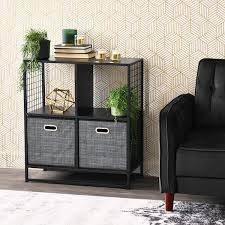 Household Essentials Black Oak 4 Cube Book Shelf With Metal Mesh Wire Sides