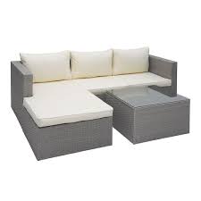 gray 3 piece wicker outdoor sectional sofa set with beige cushions