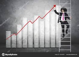 Afro Businessman Makes Chart On The Ladder Stock Photo