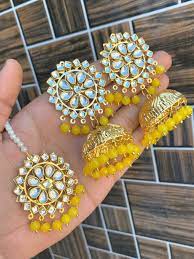 Gold Plated Kundan Tikka Tika Earrings Kundan Yellow Color Beads Jewelry  Set | eBay