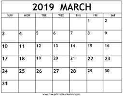 Generic Printable Calendar March 2019 Calendar Template Free