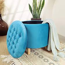 Turned wooden legs add a sophisticated look. Buy Oxv Large Teal Round Storage Ottoman With Removable Lid Tufted Ottoman Vanity Dressing Chair Linen Fabric Footrest Stool Table Seat Tray Top Coffee Table Online In Turkey B08mq2xlcp