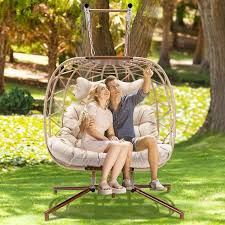 Nicesoul Large 2 Person 510 Lbs Beige Wicker Double Swing Egg Chair With Gold Stand And Beige Cushions