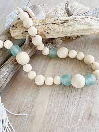 Wood Bead Garland With Sea Glass Beaded