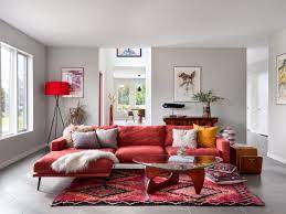 75 red living room with gray walls