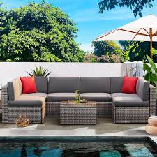gray 7 piece wicker rattan outdoor sectional set with gray cushions