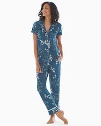 Short Sleeve Notch Collar Pajama Top Alluring Floral Blue