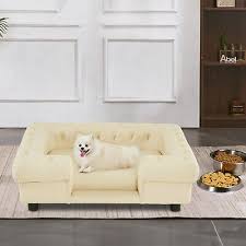 Mcombo Pet Sofa Bed Dog Couch For Small Dogs Faux Leather Dog Sofa With Small Stairs 6321 Cream White
