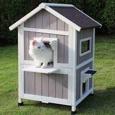 It's waterproof and insulated to keep the weather out, and it has stilts to keep the cat. Amazon Com Rockever Feral Cat Shelter Outdoor With Escape Door Rainproof Outside Cat House Two Story For Three Four Cats With Two Mat Color Grey Pet Supplies