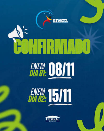🚨 DATAS DO ENEM 2026 CONFIRMADAS! O INEP publicou o cronograma oficial do ENEM 2026. Dias de Prova: 08/11 (Dia 1): Redação, Linguagens e Ciências Humanas. 15/11 (Dia 2): Matemática e Ciências