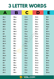 cool 3 letter words list in english
