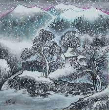 Lumières, définitions… on peut faire réverbérer la couleur du ciel légèrement rosée sur la neige. Montagne Enneigee Painting By Le Men Ji Artmajeur