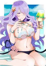 rem (eyes 410), camilla (fire emblem), fire emblem, fire emblem fates,  nintendo, highres, 1girl, bikini, breasts, cup, drinking glass, hair over  one eye, large breasts, long hair, looking at viewer, nail polish,