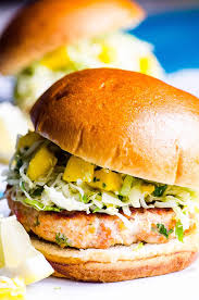 healthy salmon burgers with mango slaw