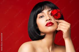 model face with red lips asian woman