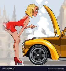 Cartoon sexy woman looking under the hood of a car