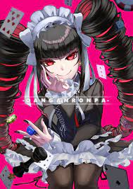 kusatakesi, celestia ludenberg, danganronpa: trigger happy havoc,  danganronpa (series), commentary request, highres, 1girl, black jacket,  black nails, breasts, brown pantyhose, brown skirt, card, chess piece,  closed mouth, copyright name, dice, drill hair,