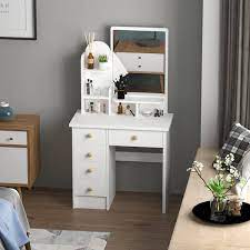 fufu a 5 drawers white makeup vanity table dressing desk with mirror and 3 tier storage shelves s wooden dressing table