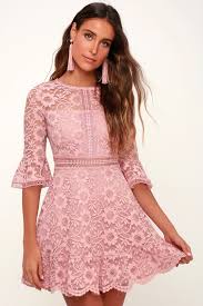 Love On Top Mauve Pink Lace Flounce Sleeve Skater Dress