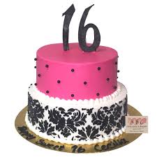 A sleek black and white birthday cake has sweet sixteen written all over it. 1605 2 Tier Sweet 16th Birthday Abc Cake Shop Bakery
