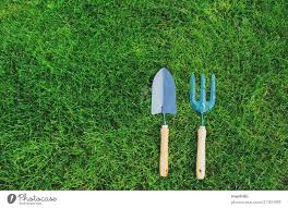 Garden Tools On Green Lawn Background