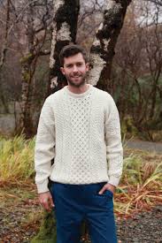 100 Merino Wool Honeycomb Stitch Traditional Aran Sweater Natural Colour