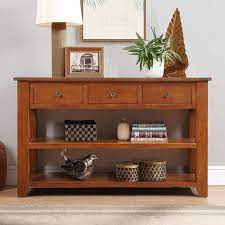 Retro And Modern Design 48 In Brown Rectangle Solid Wood Console Table Sofa Table With 3 Drawers And 2 Open Shelves