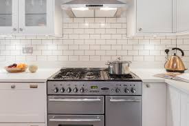 An area of hard material covering part of a wall, for example in a kitchen, so that the wall is…. Range Cooker With White Metro Tile Splashback Eclectic Kitchen London By Timothy James Interiors Houzz Uk